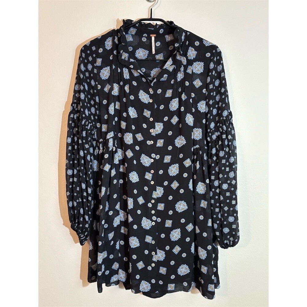 Free People New Romantics Mini Dress Womens XS Black Medallion Round Neck